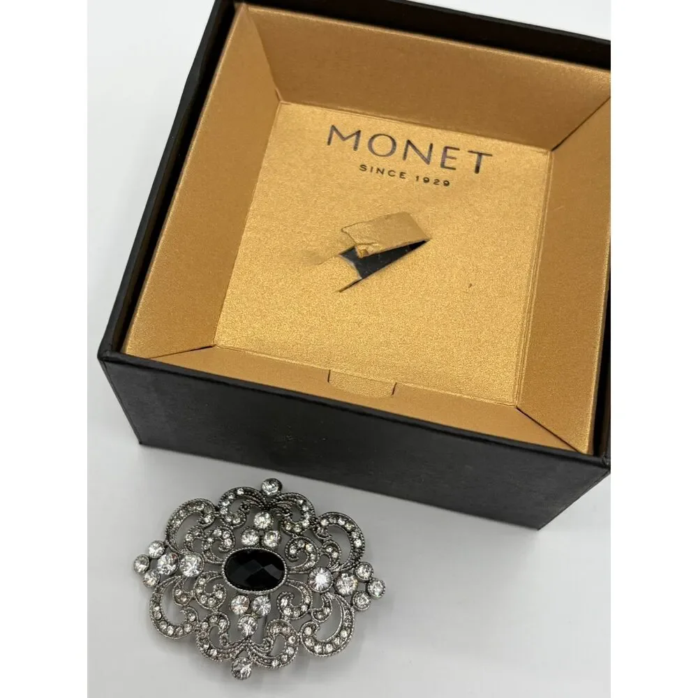 NWOT Vintage Monet Brooch Silvertone Filigree Rhinestone